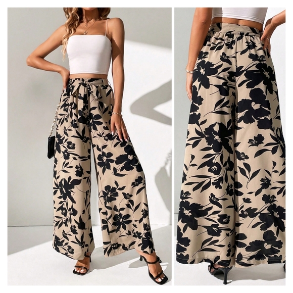 Tan Floral Wide Leg Pants - Picture 8 of 8